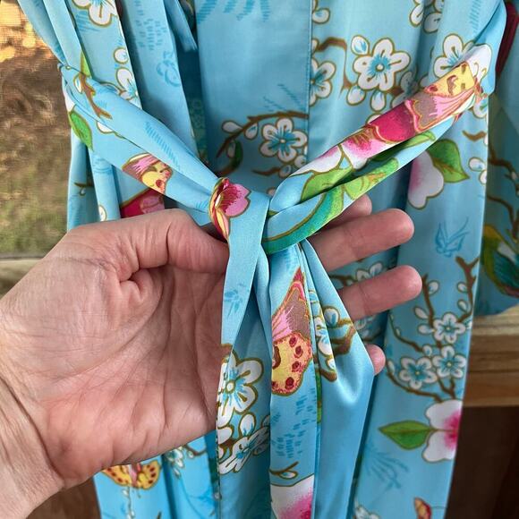 Natori Women's Blue Floral Bird Print Kimono Sleeve Robe Full Length Size M - Picture 6 of 11